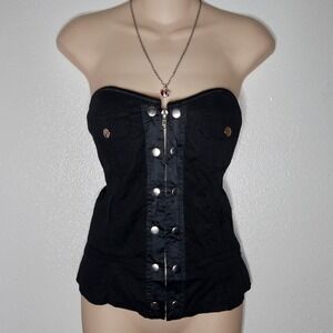 Oh Yes Black Corset Zip Front Smocked Back Top